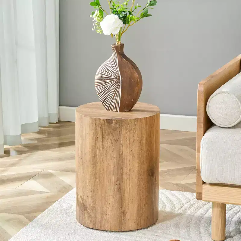 Round Wooden End Table - Cylindrical Side Table for Living Room