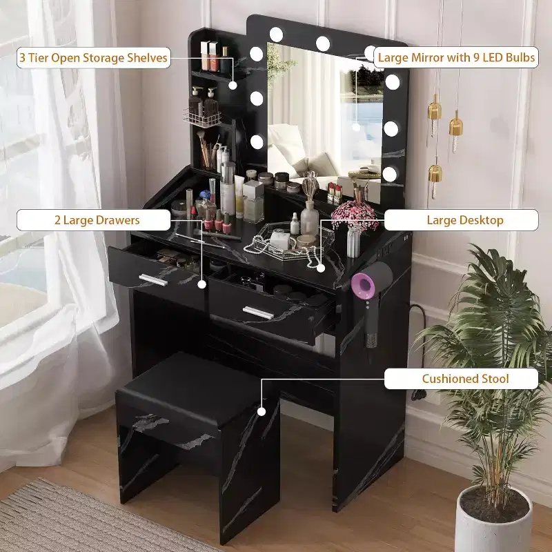 Vanity Desk with Mirror and Lights for Bedroom, Marble Black Modern Makeup Table with 2 Drawers