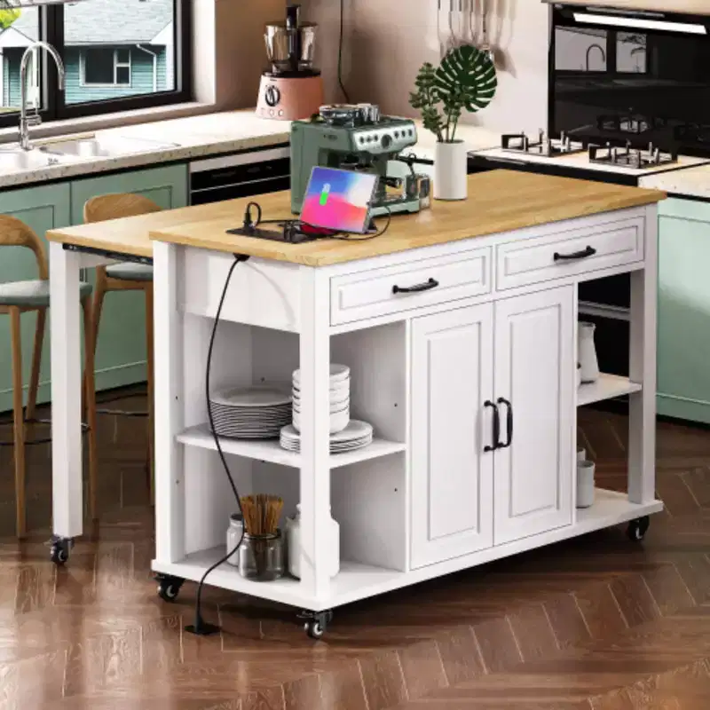 White & Wood Kitchen Island with Extendable Table, Seats 2–5