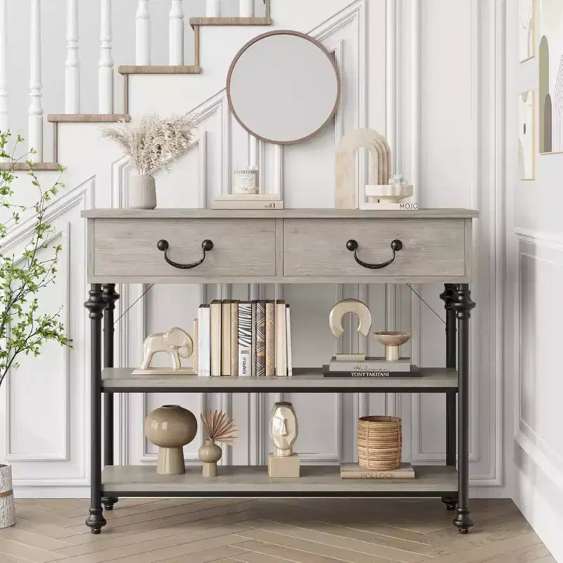 Console Table with 2 Drawers and Storage Shelves, Small Entryway Table for Hallway, Living Room