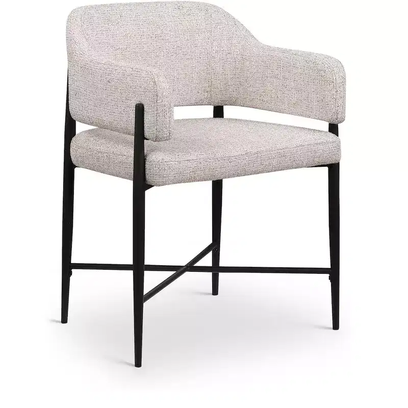 Beige Fabric Upholstered Dining Chairs Set of 2, Matte Black Iron Frame, 300 lb