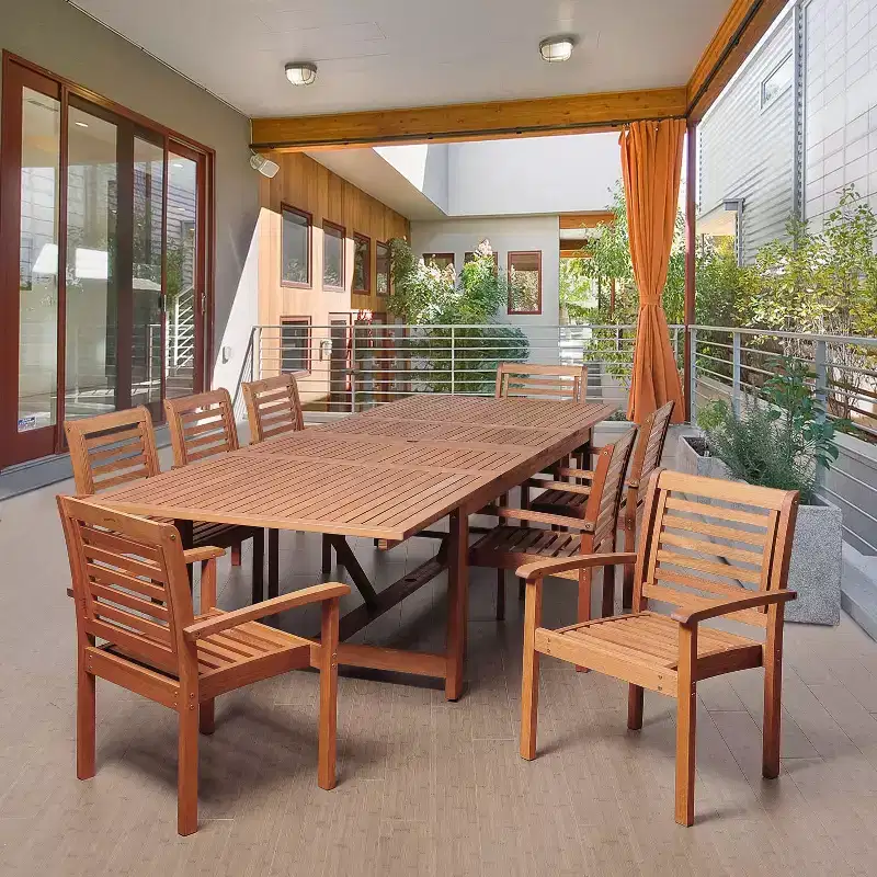 Brooks 9pc Patio Eucalyptus Extendable Dining Set: Galvanized Steel - International Home Miami