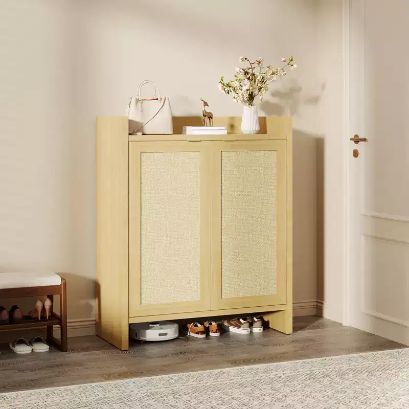 Rattan Shoe Storage Cabinet, Farmhouse Wood Shoe Rack Organizer with Adjustable Shelves for Entryway Hallway Kitchen Living Room Bedroom, Light Oak