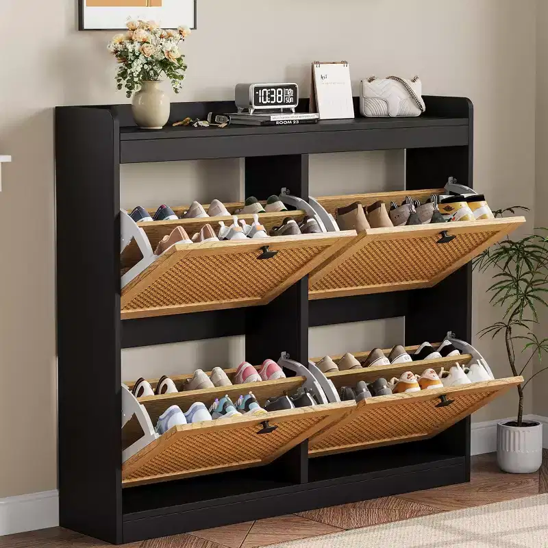 Shoe Cabinet Rattan with 4 Flip Drawers, Wooden Freestanding Shoe Organizer with Adjustable Shelves, Shoe Storage for Entryway, Closet, Hallway