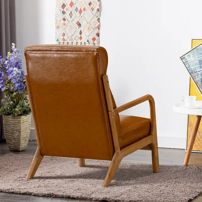 Upholstered Linen Blend Accent Chair with Wooden Legs and One Pillow