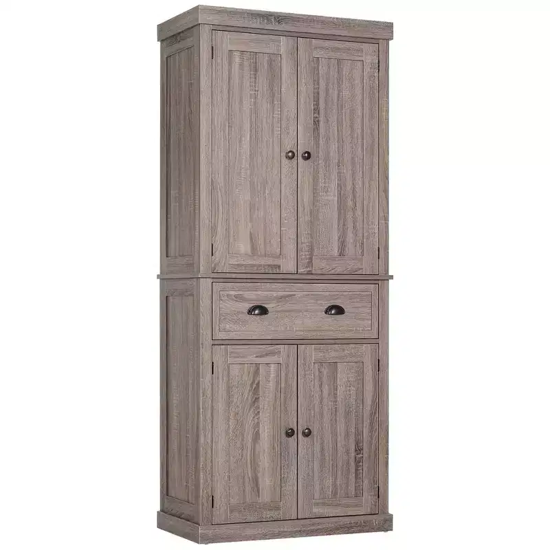 HOMCOM 72 Traditional Freestanding Kitchen Pantry Cupboard with 2 Cabinet, Drawer and Adjustable Shelves
