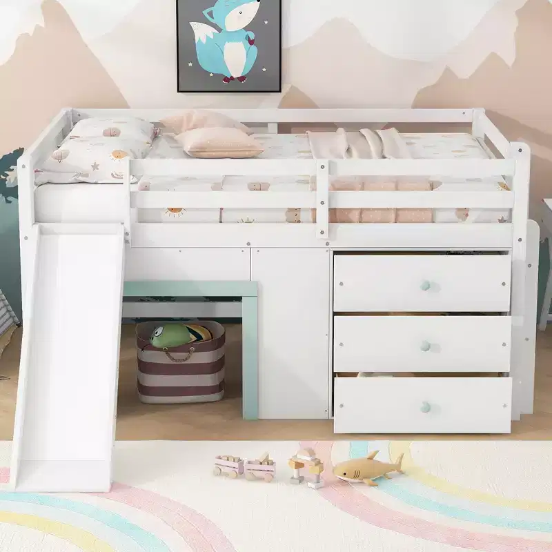 GDFStudio Sebastian Modern Solid Wood Full Size Low Loft Bed with Slide and Drawers