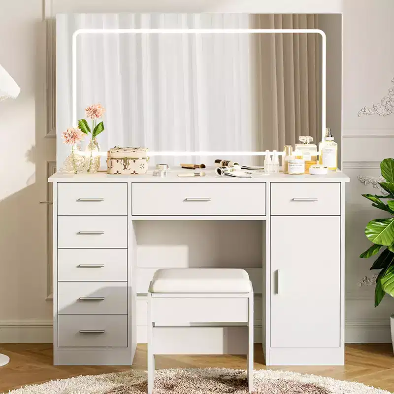 Makeup Vanity with 3-Mode LED Lighted Mirror & Charging Outlets, Large Vanity Desk with 7 Drawers & Storage Cabinet, Modern Dressing Table