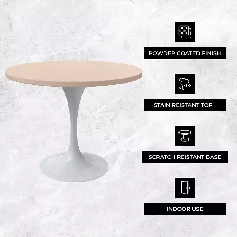LeisureMod Verve Mid-Century Modern Table with a 48 Round MDF Tabletop and White Steel Pedestal Base for Kitchen and Dining Room in Light Natural