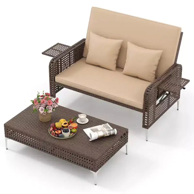 Costway 2 PCS Wicker Loveseat & Storage Ottoman with 4-Level Backrest & Soft Cushion Brown/Navy