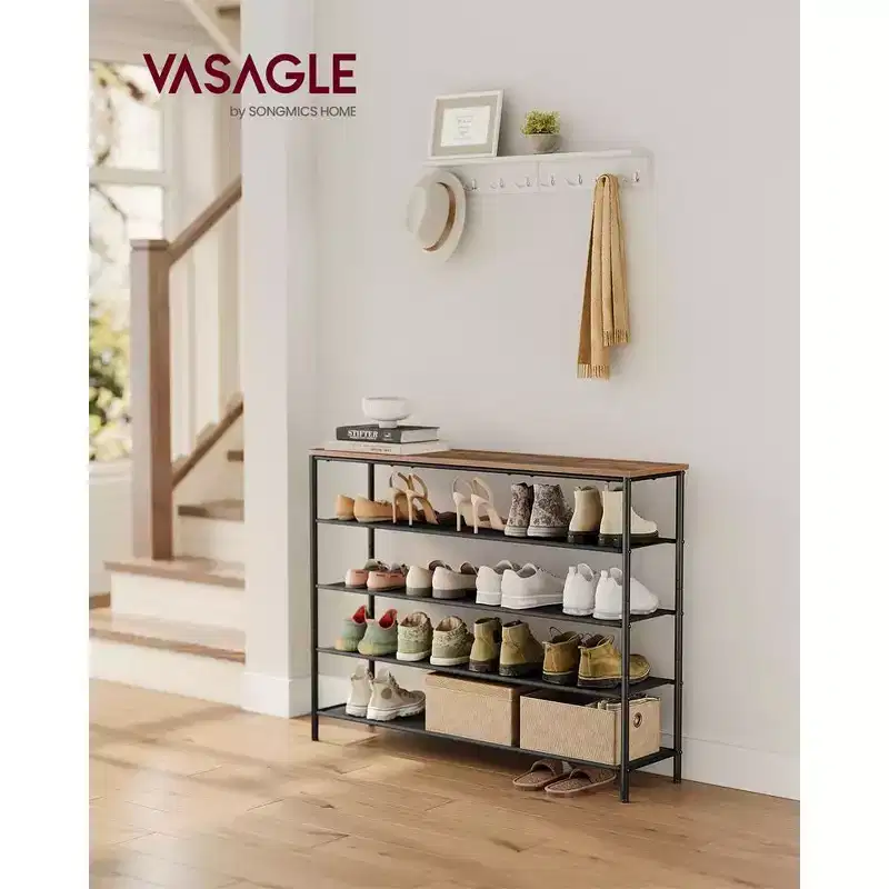 VASAGLE Shoe Rack, 5 Tier Shoe Storage Rack for 20-24 Pairs of Shoes, Shoe Organizer with 4 Fabric Shelves and Wooden Top Rustic Brown and Black