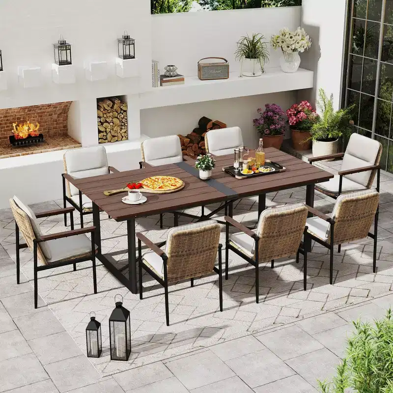 HAPPATIO 9 Piece Patio Dining Set, 8 Wicker Chairs with Aluminum Frame and Olefin Cushions, Wooden Dining Table with Umbrella Hole for Backyard Porch