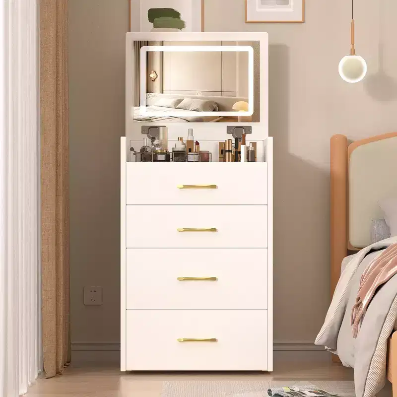 Okak 3-IN-1 Makeup Vanity with Flip-Top Mirror, Compact Vanity with 3 Drawers and Padding Stool, Vanity Table for Bedroom, Living Room, White