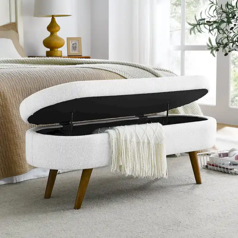 Oval Storage Ottoman – Pleated Fabric, Rubber Wood Legs (Beige / White / Grey), 2-Person
