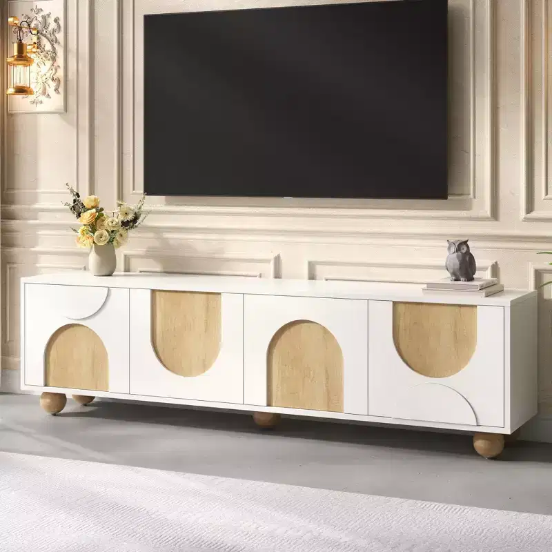 69-inch Farmhouse-Style TV Stand with Recoil Mechanism Accommodates TVs up to 75 inches 5 Solid Wood Legs Ideal for Living Rooms White