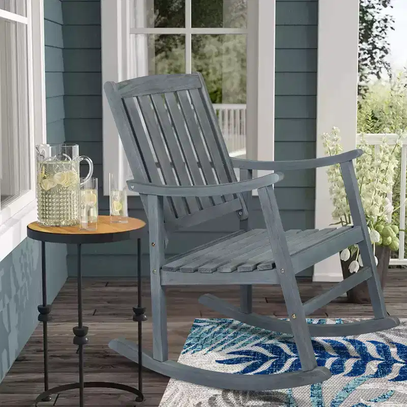 Penny Classic Slat-Back Acacia Wood Patio Outdoor Rocking Chair - JONATHAN Y