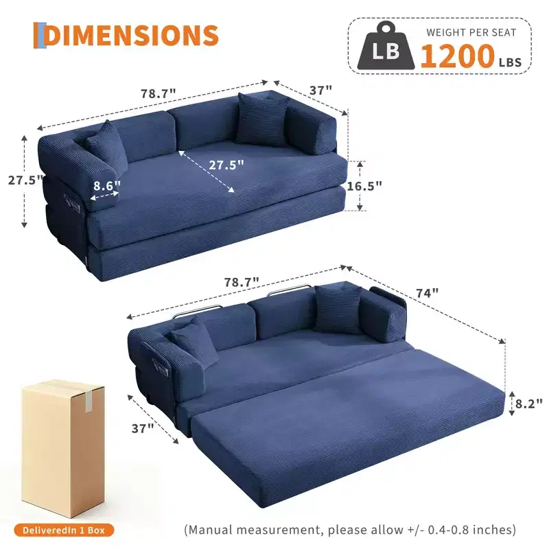 Modern 79 Corduroy Futon Sofa Bed for Small Spaces, 5-in-1 Convertible Sleeper Couch with Removable Armrests & Pillows