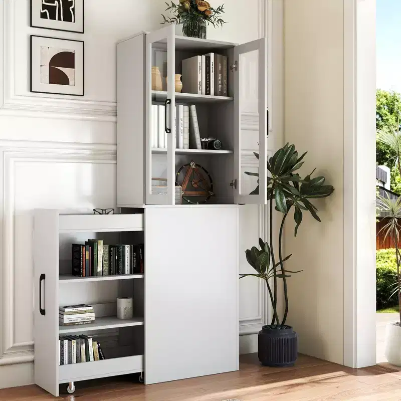 70.87 Inch Tall Display Storage Cabinet with Four-Tier Multi-Function Pull-Out Shelves and Double Glass Doors, Kitchen Storage Cabinet - Wood