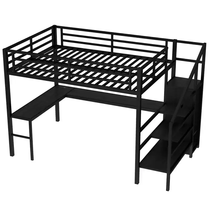 Bellemave Queen Loft Bed with L-Shaped Desk, Wardrobe, USB Port & LED, Metal Loft Bed with Storage Stairs & Adjustable Shelf, Black