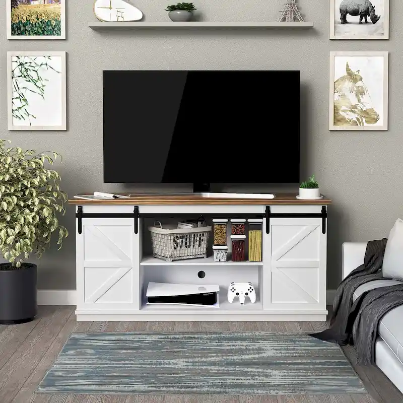 TV Stand, White / Espresso / Oak, Barn Door Style, Fits 43