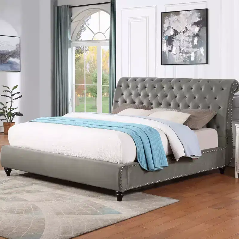 Contemporary Queen Size Velvet Upholstered Tufted Sleigh Bed, Solid Wood Frame