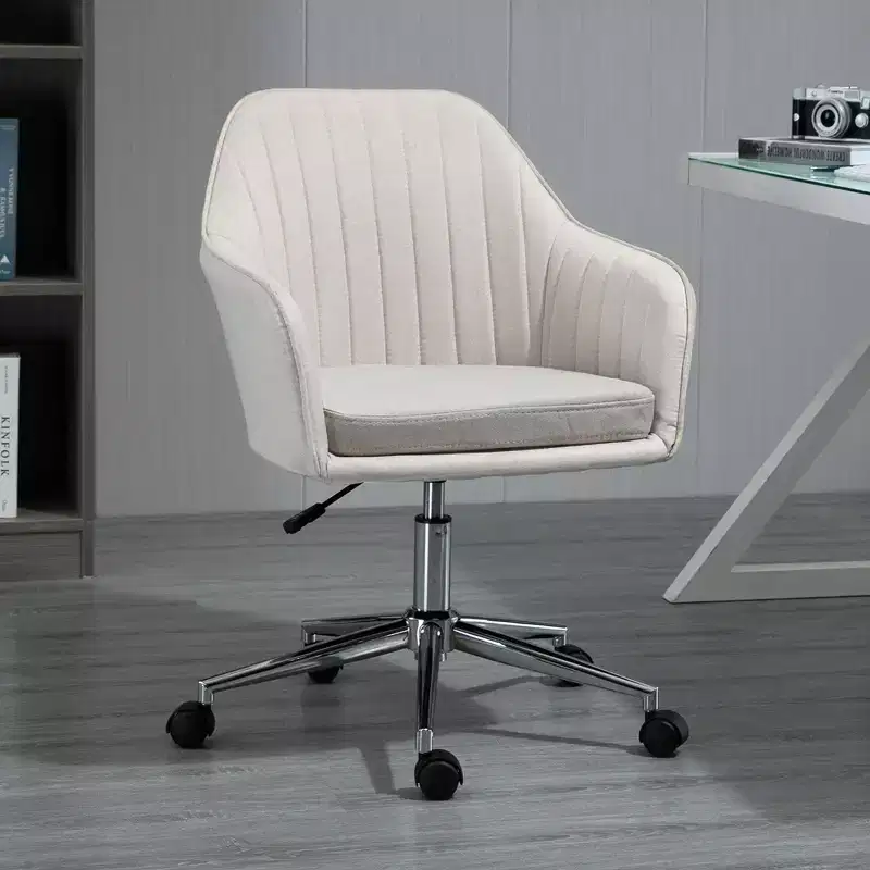 Mid Back Office Chair, Adjustable Height Upholstered Desk Chair for Living Room, Office, Study, Beige