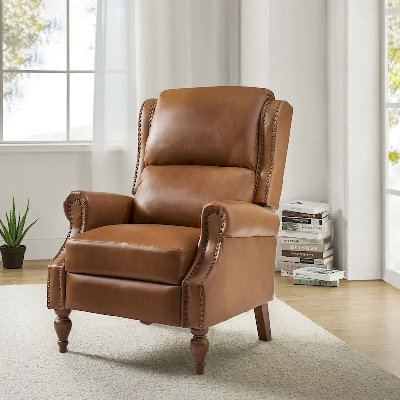 Traditional Vegan Leather Manual Push-Back Recliner, Padded Armrests, Solid Wood Legs, Living Room