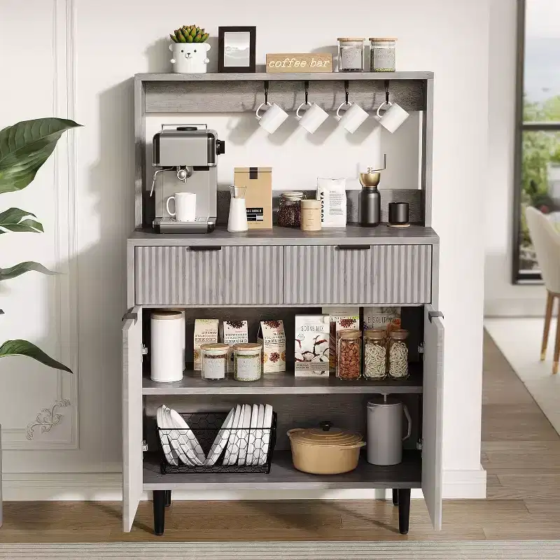 Acekool Fluted Sideboard Buffet Cabinet with 2 Drawers & Adjustable Shelves, Modern Coffee Bar Console for Dining Room, Kitchen, Hallway