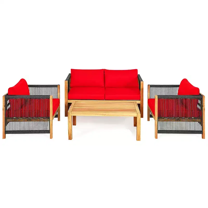 Costway 4PCS Wooden Patio Furniture Set Cushioned Sofa W/Rope Armrest White\Turquoise\Red