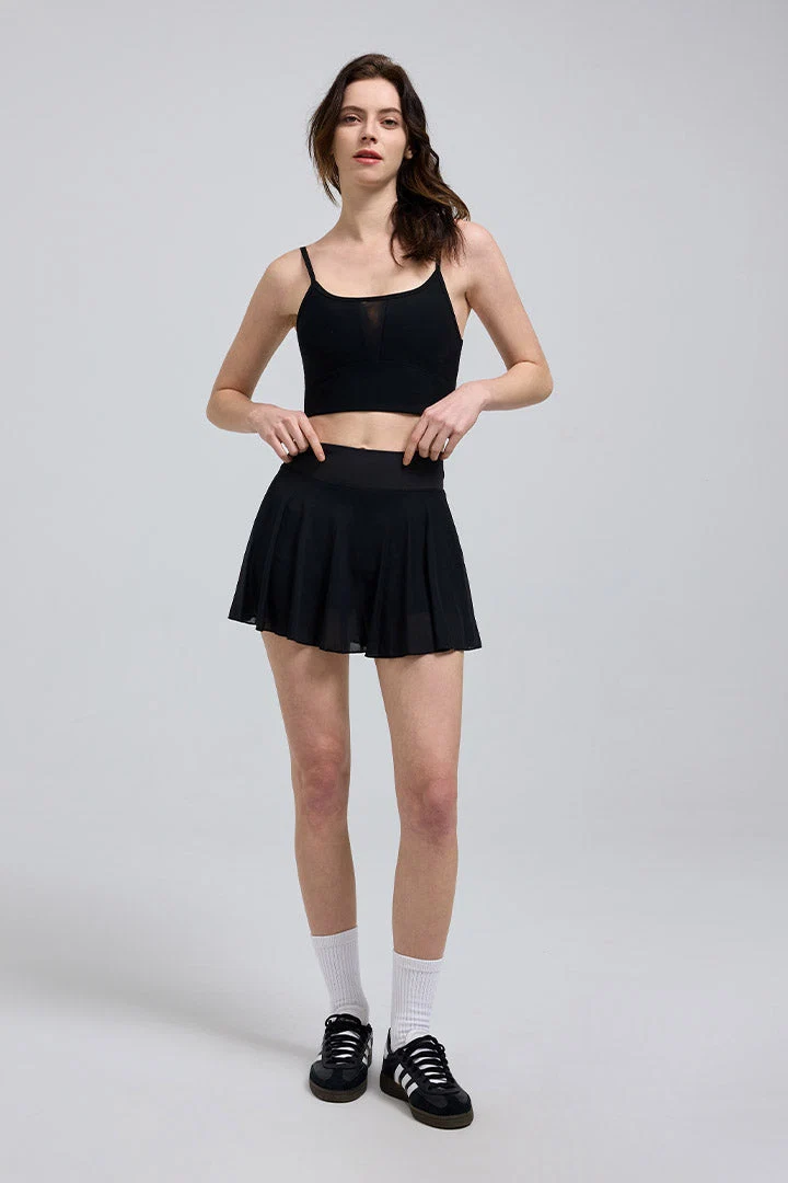 Criss Cross Sports Bra and Sheer Mesh Pleated Skirt