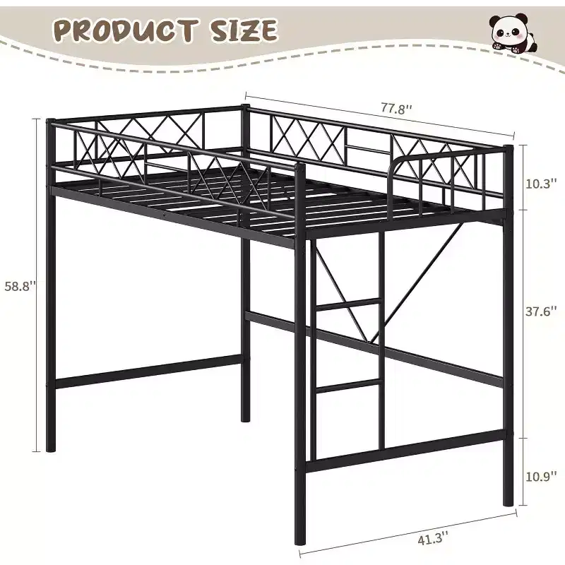 Twin Size Loft Bed, Heavy Duty Metal Frame with Arched Guardrail, Flat Ladder Rung and Steel Slat Support, No Box Spring Needed, Space Efficient
