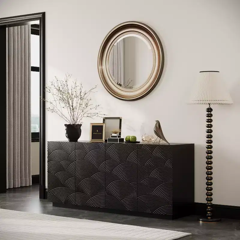 JVNOXK 59-inch Four-Door Modern Sideboard, Rectangular Storage Cabinet with Independent Anti-Tip Device, Suitable for Kitchens, Black