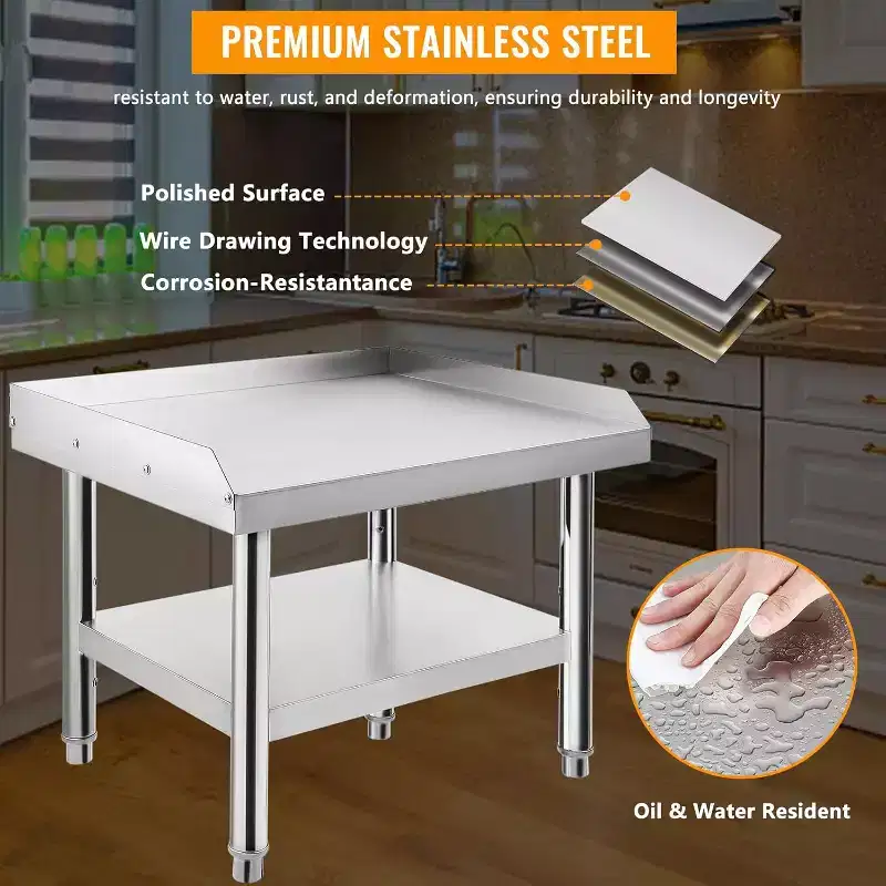 36x28x24 Stainless Steel Equipment Grill Stand Table,1000 lbs Top Shelf,220 lbs Bottom Shelf,Adjustable Legs,2 Edge Baffle