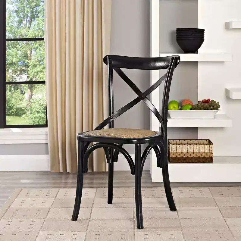 Rustic Dining Side Chair with Natural Rattan Seat and Tapered Legs