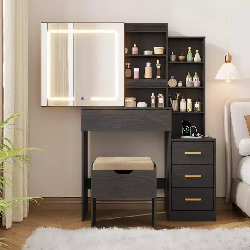 Vanity Desk with Sliding Mirror and Lights, Dressing Table with Stool and Charging Station, 3 Lighting Modes for Bedroom