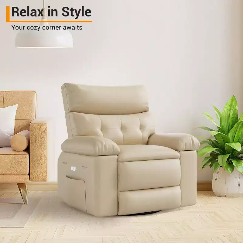 Swivel Recliner sofamade of thickened artificial leather, with massage, reclining and side pocket functions, suitable for living room and bedroom.