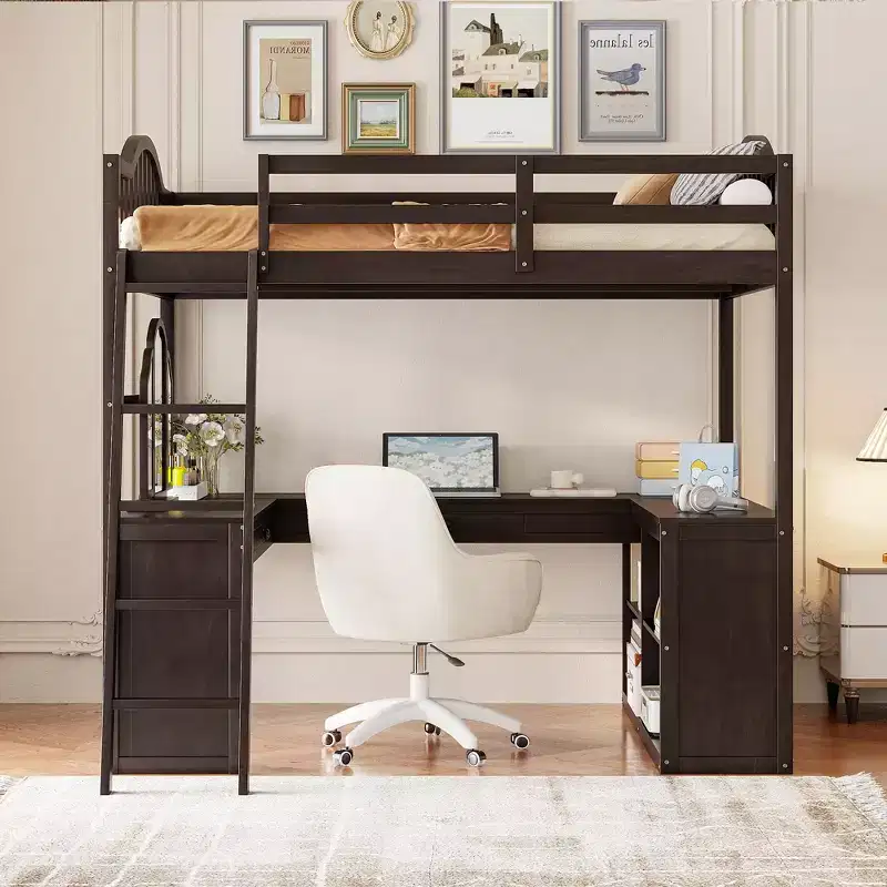 Full Size Wooden Loft Bed with U-Shaped Desk, Storage Compartments and Tri-fold Mirror - ModernLuxe