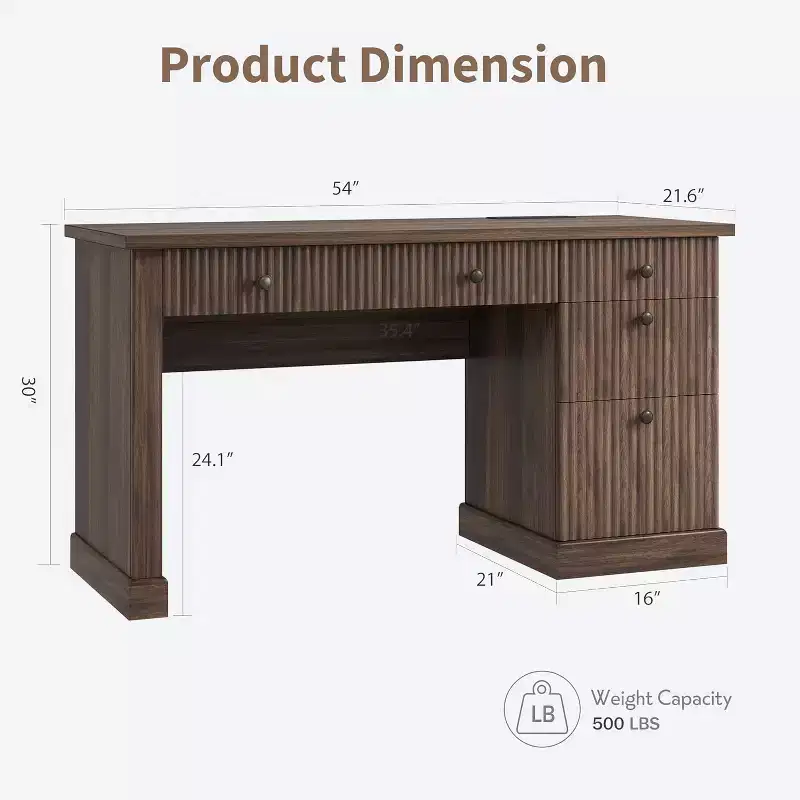 Fluted Home Office Desk Storage,54 in Modern Executive Desk with Charging Station,Wooden Computer Writing Desk with File Cabinet & Drawers