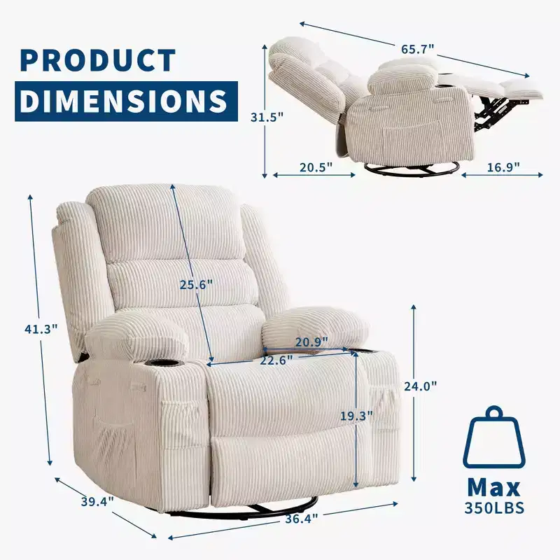 360 Swivel Rocking Recliner Chair with Cup Holder, Upholstered Manual Recliner for Living Room Nursery
