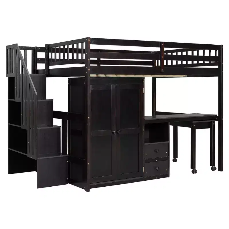Full Size Loft Bed with Stairs, Bookshelf, Drawers, Desk & Wardrobe, Space-Saving for Kids & Teens