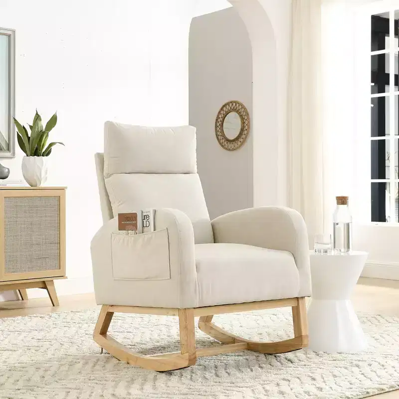 Modern Nursery Rocking Chair, Upholstered Glider Rocker with Side Pocket, Teddy Fabric Accent Armchair, Comfy Reading Chair for Living Room Bedroom