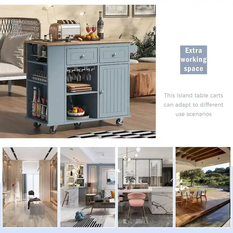 Kitchen Island Cart with Wheels ,Power Outlet, Drop Leaf, Wine Rack