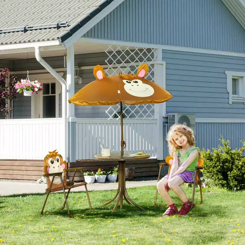 Kids Table and Chair Set, Outdoor Folding Garden Furniture, Picnic Table for Patio Backyard, with Removable & Height Adjustable Sun Umbrella