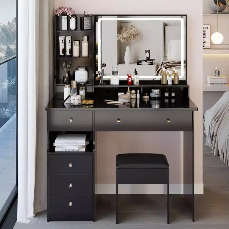 Okak 41IN Makeup Table with Extra Large Touch Control Mirror, High Capacity Storage Vanity Desk, Makeup Vanity for Bedroom, Studio