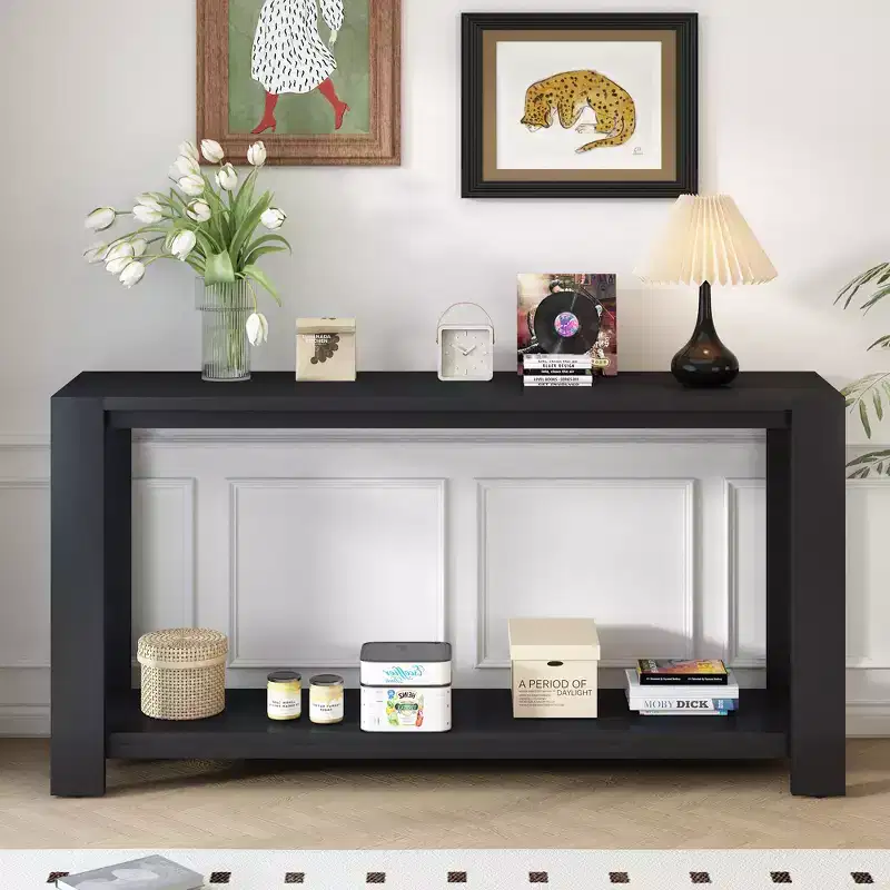 Wood Console Table with Bottom Shelf, Contemporary Minimalism Entryway Entrance Table for Hallway Living Room, 59.8'' Black, Black