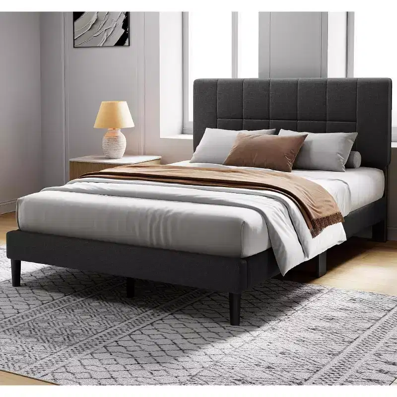 full-size bed frame with 12 thickened legs and fabric cushioned headboard, capable of withstanding 1300 pounds and easy to assemble