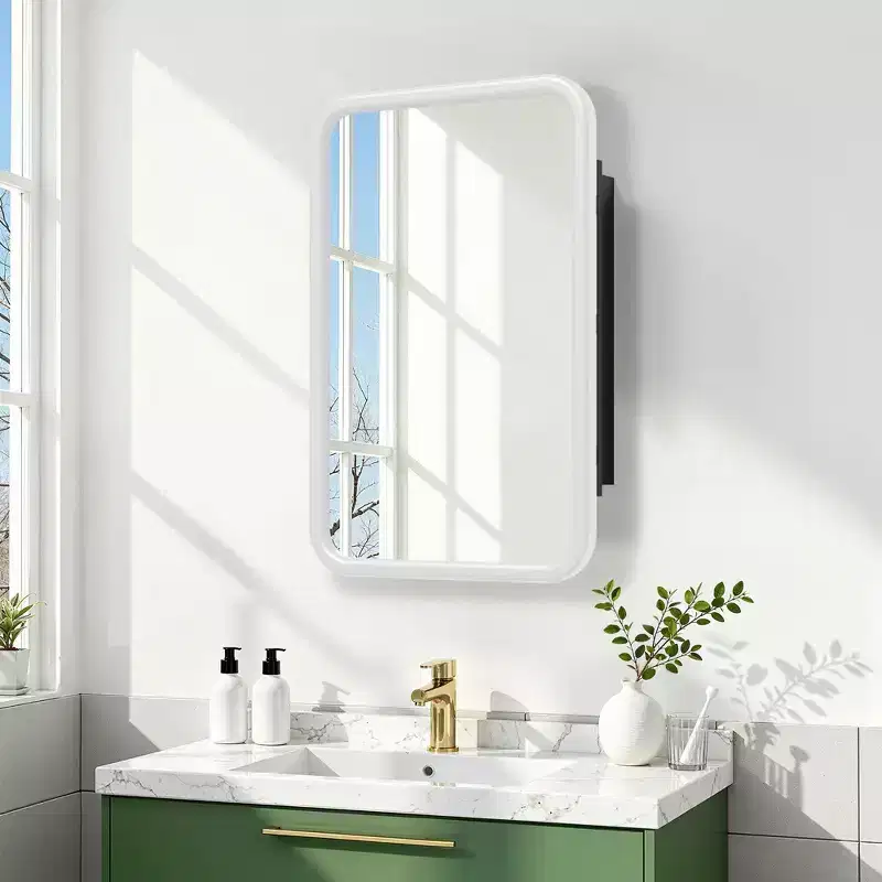19.5 x 29.64 Inch White Rounded Rectangular Wrought Iron Framed Medicine Cabinet With Mirror, Wall-mounted Mirror Cabinet For Bathroom
