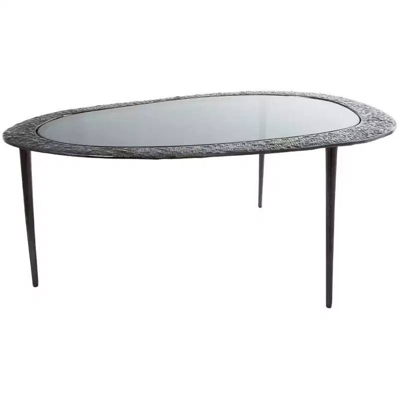 Aluminum Oval Shaped Coffee Table with Shaded Glass Top and Engravings Black: Indoor, Fully Assembled