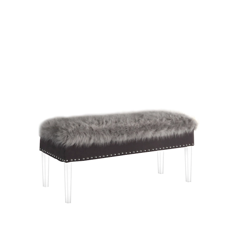 HomeRoots 42 Gray and Clear Upholstered Faux Fur Bench with Flip top