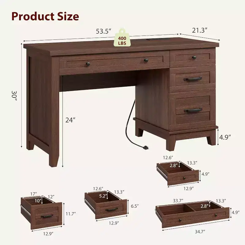 Farmhouse Home Office Desk with Charging Station and File Cabinet, 53.5 in